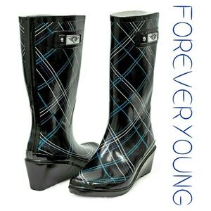 Women's Rainboots, Tall Wedge Rain Boots, #3100, Blue Plaid